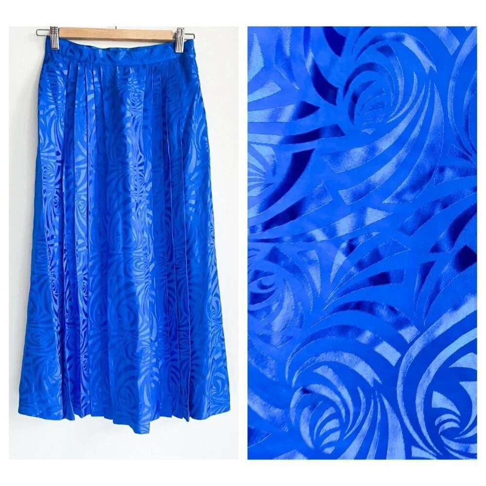 Vintage Bright BLue  SILK Embossed Pleated Midi Skirt S